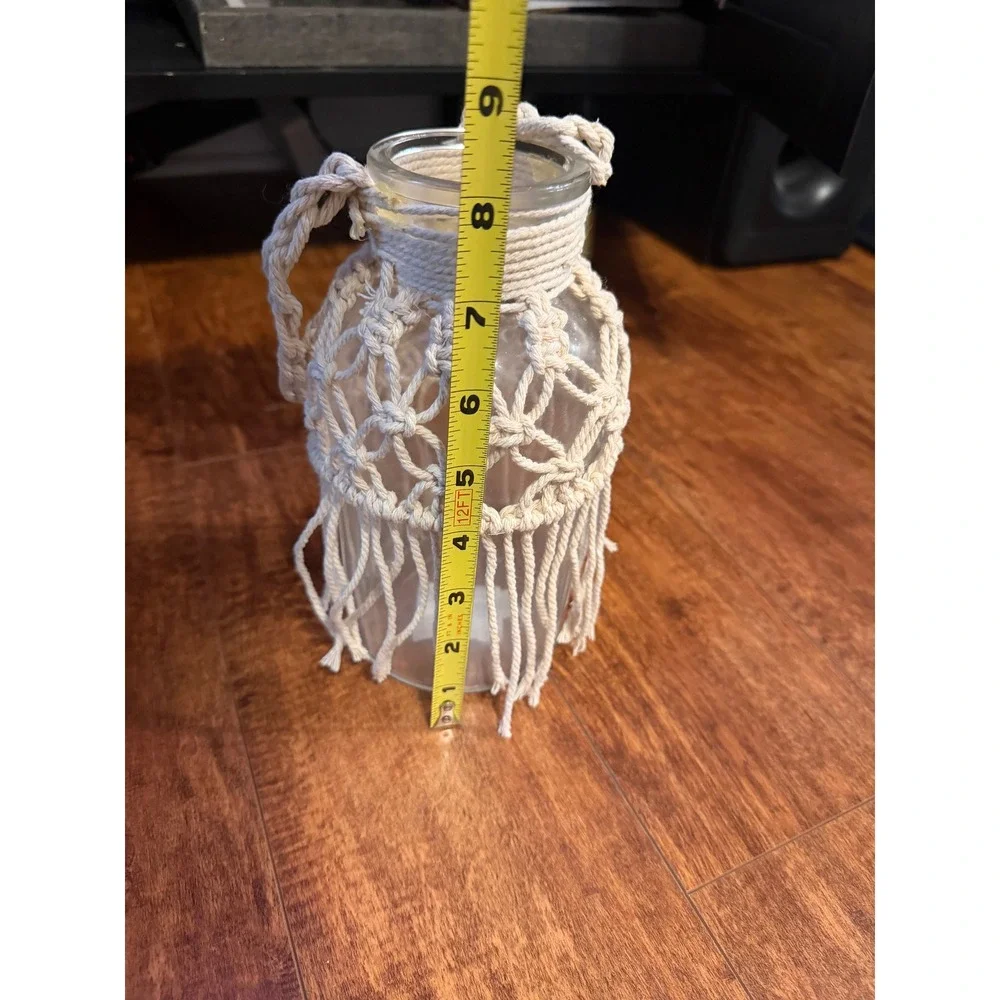 Boho Macrame Glass Bottle Vase Hanging Cream Fringed Decorative Accent 8.5in
